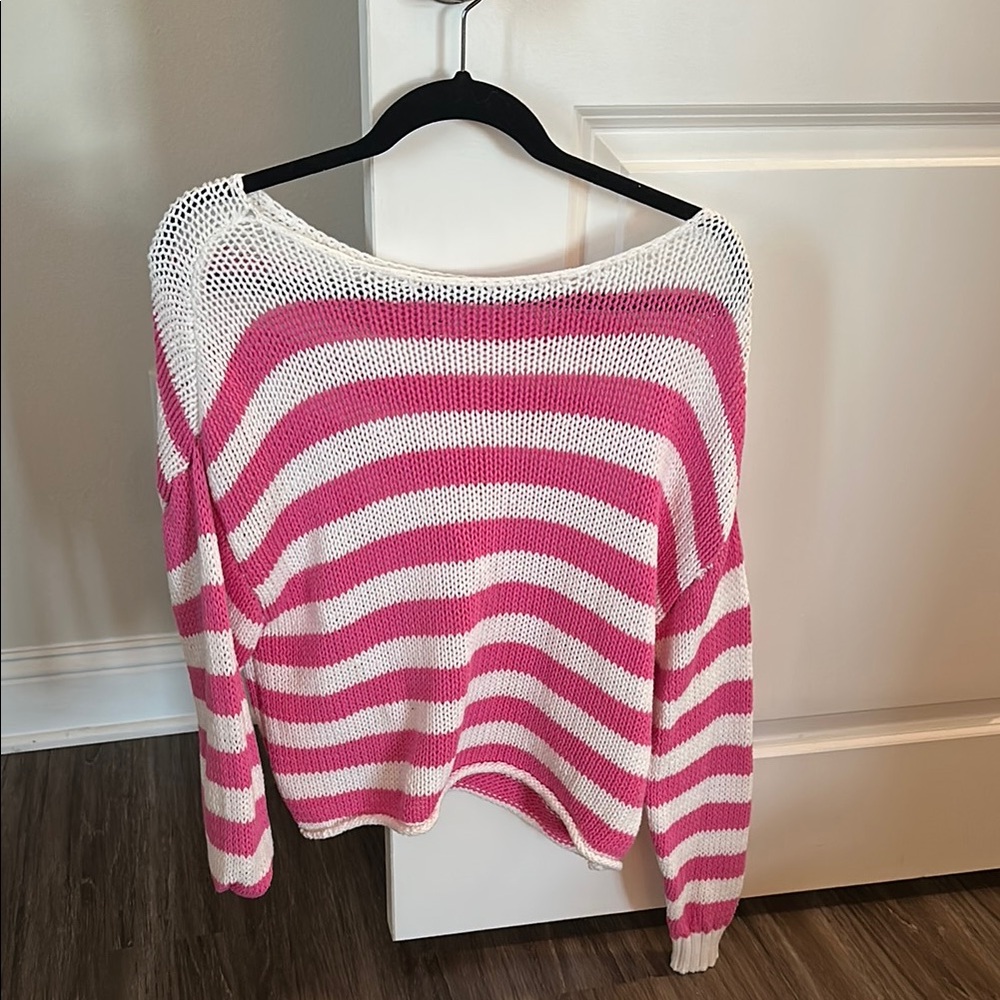Aerie Pink and White Off-the-Shoulder Sweater
